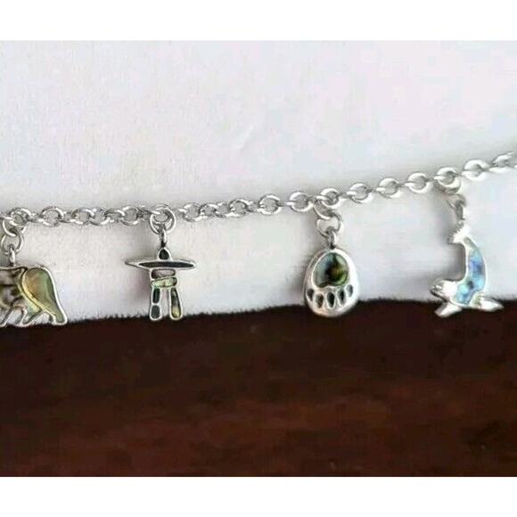 Vtg Storrs Glacier Pearl Abalone Animal Charm Bracelet Alaska Bear Igloo Silver - Picture 3 of 8
